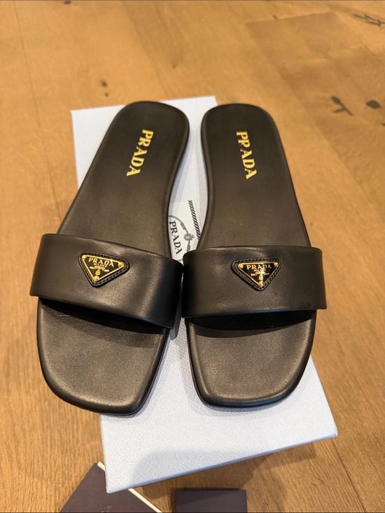 Prada Shoes - Prada Black Leather Logo Slide Sandals with Gold Accents